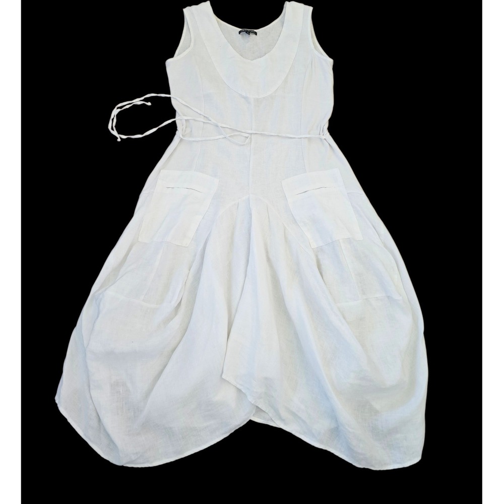 For Cynthia Linen White Avantgarde Asymmetric Boho‎ Front Pockets Dress sz S